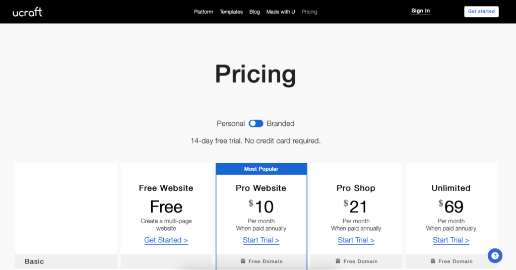 ucraft pricing